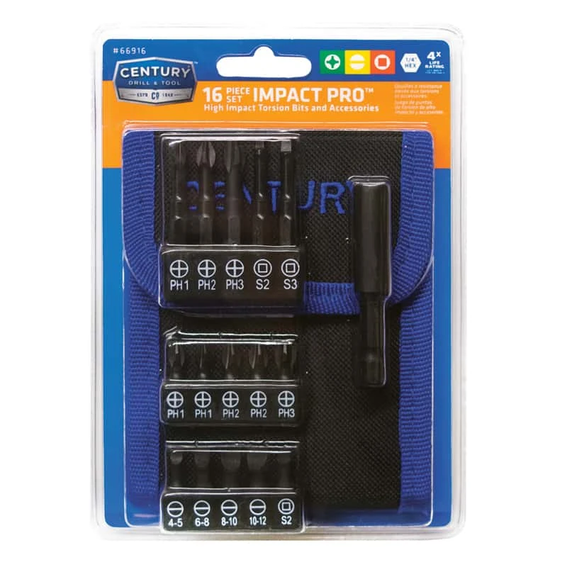 Century Drill & Tool Impact Pro Assorted Screwdriver Bit Set Heat-Treated Steel 16 Pc